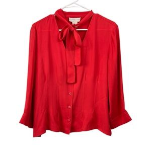 Vintage Doncaster Size 14 100% Silk Pink Tie neck V neck button fitted Blouse